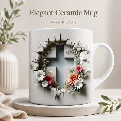 Christian Cross & Floral Ceramic Mug – Premium Wraparound Design Coffee Mug, Microwave & Dishwasher Safe